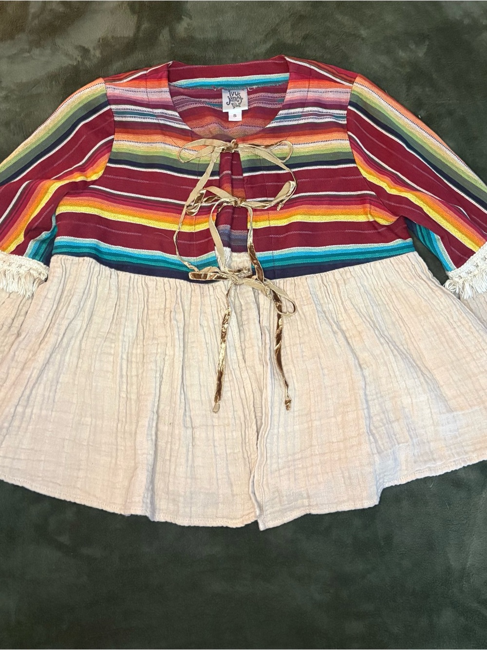 ivy jane Multicolor Striped Tie-Front Peplum Tunic - Cream Panel